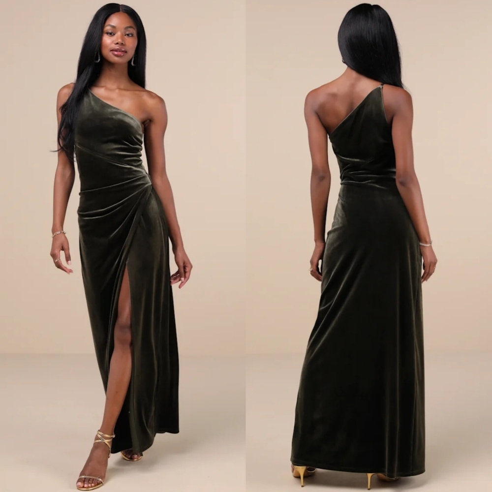 Lulus Elegant Era Olive Green Velvet One-Shoulder Maxi Dress M Wedding Party